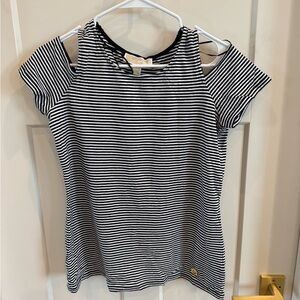 Michael Kors Black and White Striped Cold Shoulder Tee